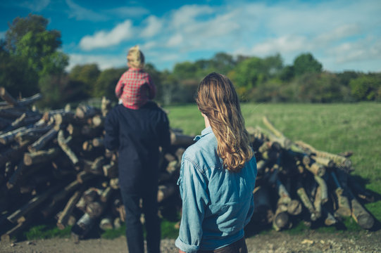 Multi generational family looking at logs