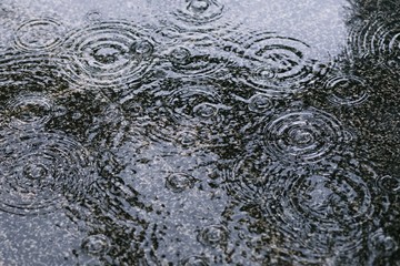 Rain drops in the water heavy on asphalt shade of black shadow and reflection of dark sky in the...