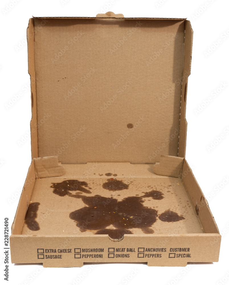 Wall mural empty greasy pizza box with lid open. isolated.