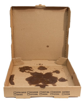 Empty greasy pizza box with lid open. Isolated.