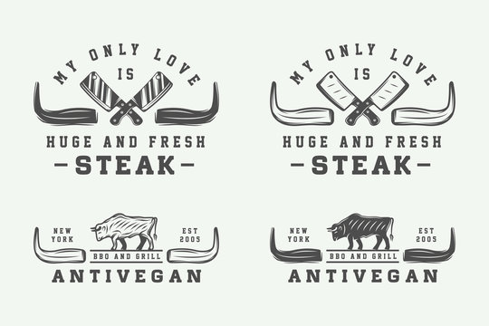 Set of vintage butchery meat, steak or bbq logos, emblems, badge