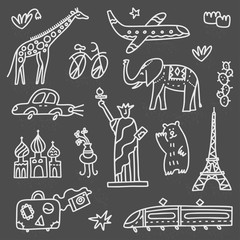 Travel set with lettering. Hand drawn vector illustration. Doodle style. Popular world symbols of tourism and traveling