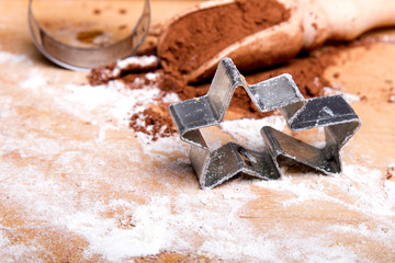 Preparing Christmas cookies. Cookies ingredients, copy space.