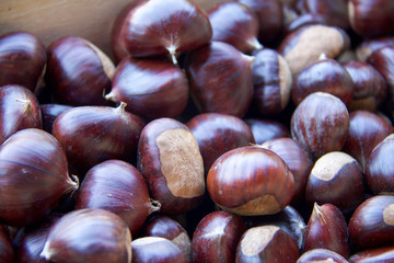 close up of beautiful chestnuts, full frame