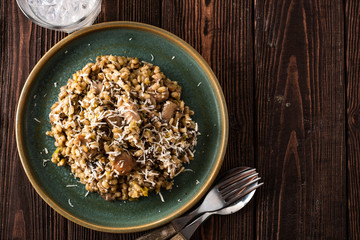 Barley porridge with mushrooms and chicken, top view