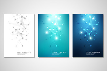 Vector template for brochure or cover with molecular structure background and connected lines and dots. Medicine, science and digital technology concept.