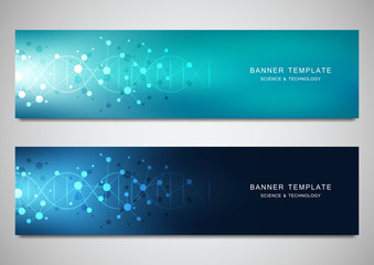 Scientific and technological vector banners. Abstract background with DNA helix and molecular structures.