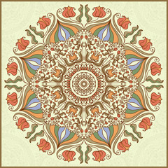 Circle lace ornament, round ornamental geometric doily pattern. Background for design and fashion. Arabic, Indian patterns