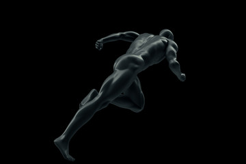 Obraz premium 3D rendering of the running male body, blue mesh, robot, the future of artificial intelligence creative abstract concept background