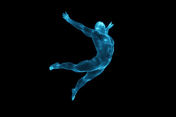 3D rendering of the running male body, blue mesh, robot, the future of artificial intelligence creative abstract concept background