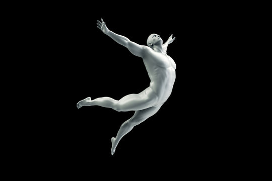 Abstract white plastic human body mannequin figure over black background. Action fly and jump pose. 3D rendering illustration