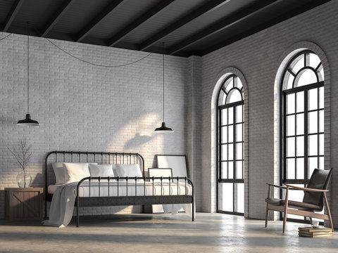 Loft Bedroom 3d Render,There Are White Brick Wall,polished Concrete Floor And Black Wood Ceiling.Furnished With Black Steel Bed ,There Are Arch Shape Windows Sunlight Shining Into The Room.