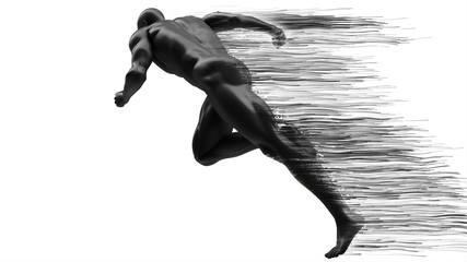 Abstract black plastic human body mannequin figure with scattering particles over white background. Action running pose. 3D rendering illustration