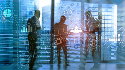 Business process abstract diagram with gears and icons. Workflow and automation technology concept.