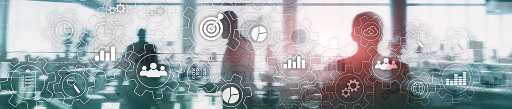 Business Process Abstract Diagram With Gears And Icons. Workflow And Automation Technology Concept. Website Header Banner.