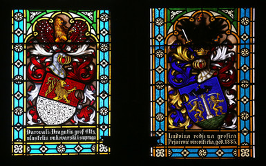 Coat of arms of Count Eltz and Countess Ludvine Pejacevic, stained glass in Zagreb cathedral dedicated to the Assumption of Mary 