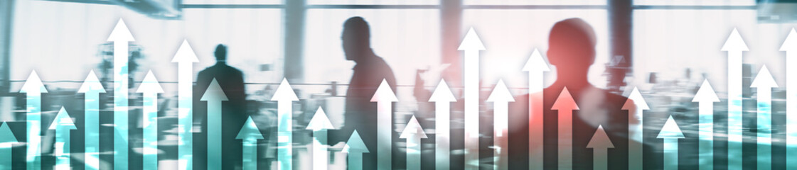 Financial growth arrows on blurred background. Business, Investment, Trading concept. Website header banner.
