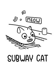 A Black And White Cartoon Vector Illustration Of A SubwayTrain Cat Arriving At The Platform