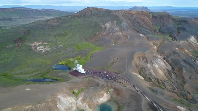 4k 60 fps Iceland Aerial view of Krafla volcano area near Myvatn - fly away from viti lake 