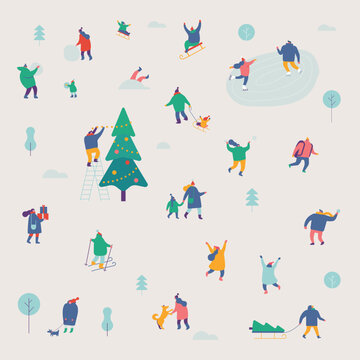 Winter season background people characters. Winter outdoor activities. People have fun. Flat vector illustration.