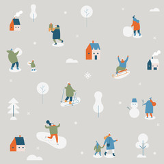 Fototapeta na wymiar Winter season background simple people characters. Vector simple pattern on winter holiday season and Christmas. Flat vector illustration.