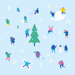 Winter season background people characters. Winter outdoor activities. People have fun. Flat vector illustration.