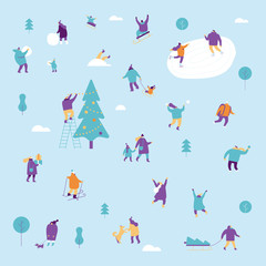 Winter season background people vector set. Winter outdoor activities. Flat vector illustration.