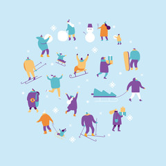 Winter season background people vector set. Winter outdoor activities. Flat vector illustration.