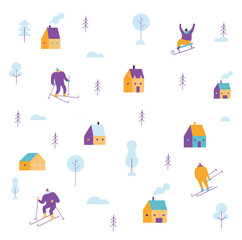 Fototapeta na wymiar Winter people pattern. Skiing, sledding. Flat vector illustration.