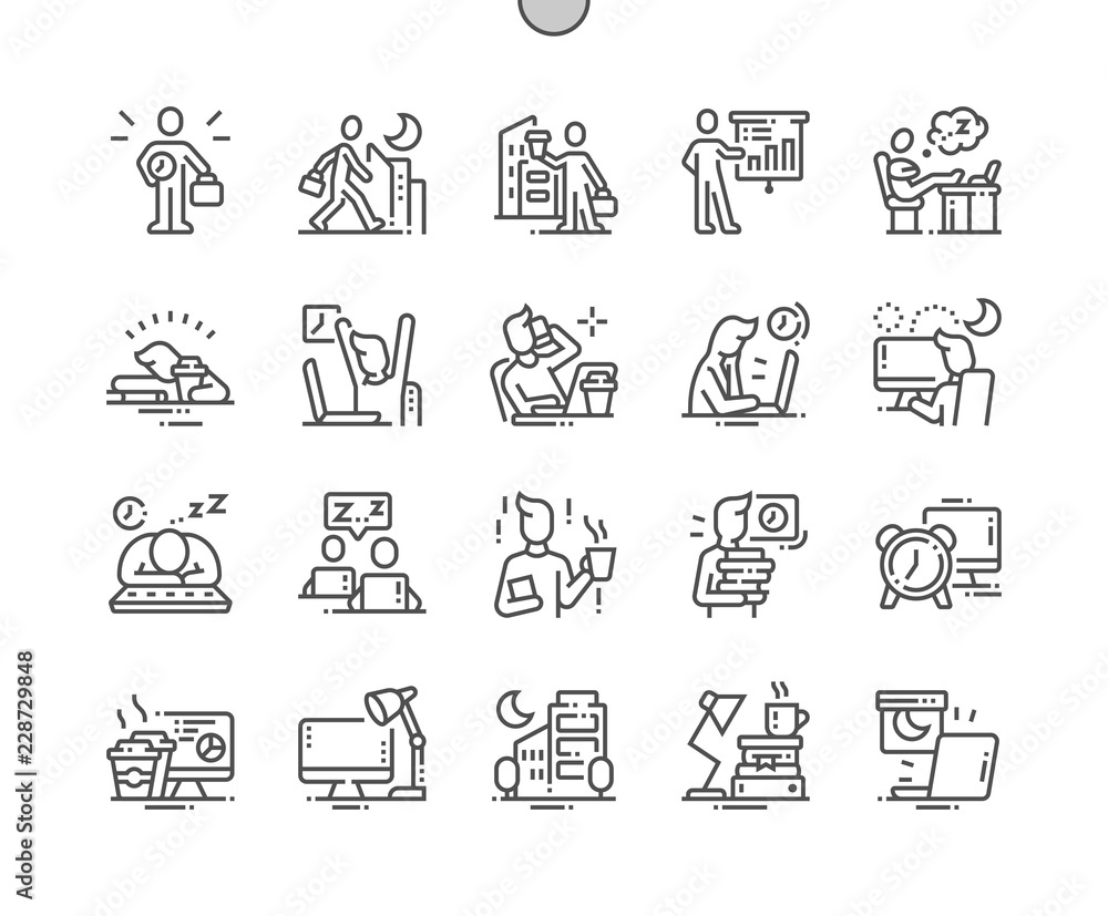 Poster working late well-crafted pixel perfect vector thin line icons 30 2x grid for web graphics and apps.