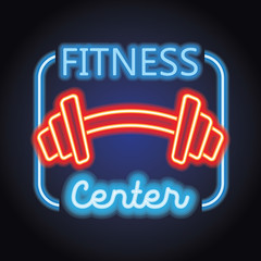 fitness gym center logo with neon light effect. vector illustration