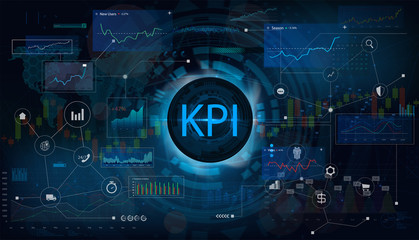 Key Performance Indicator (KPI) and business analytics (BA), metrics to measure achievement versus planned target on an automated marketing dashboard, person touching screen icon, success. Vector