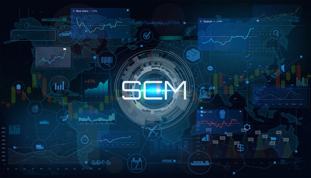 SCM - Supply Chain Management / Supply Chain Management SCM / Aspects of Modern Company Logistics Processes On a Schematic Map / Vector illustration SCM