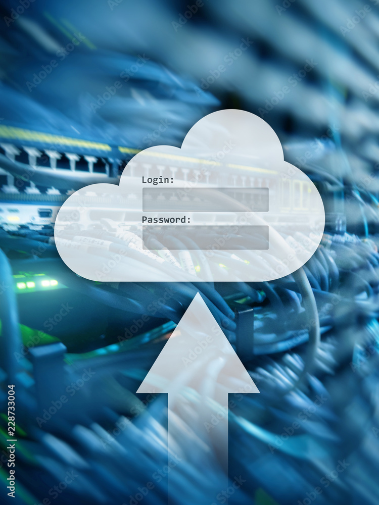 Poster cloud storage, data access, login and password request window on server room background. internet an