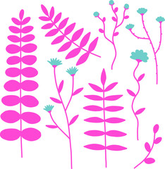 Vector pink and blue flowers and leafs set