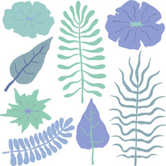 Fototapeta na wymiar Vector purple, green and blue flowers and leafs set