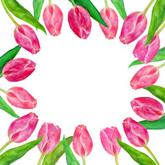 Watercolor hand drawn floral wreath isolated on white background. Can be used for wedding invitations, greeting cards, save the date invitation, prints, postcards. Frame with tulips for your text.