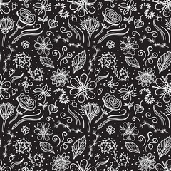 Hand drawing flowers sketch white isolated on black background. Seamless pattern.