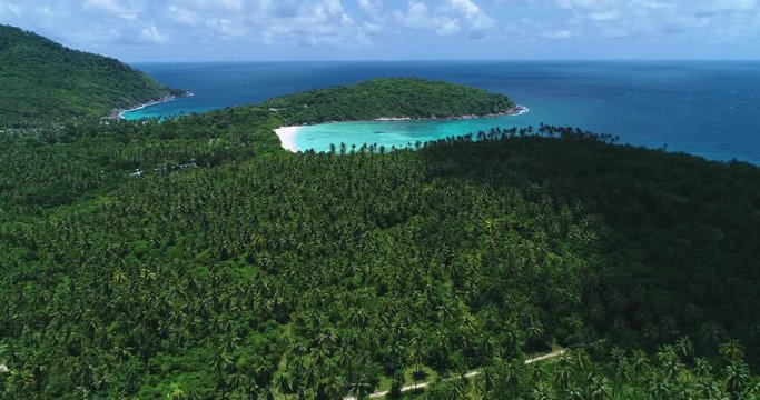 Aerial: Opening view of a beautiful deserted white sand beach after a palm grove. Few longtail boats standing near. Racha Island. Thailand.