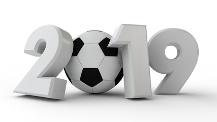 3D illustration of 2019 date, with a soccer ball. The idea for the calendar, 3D rendering of the world Cup, the victory date.