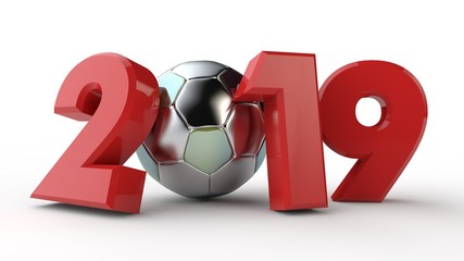 3D illustration of 2019 date, with a soccer ball. The idea for the calendar, 3D rendering of the world Cup, the victory date. The silver ball prize for the victory.