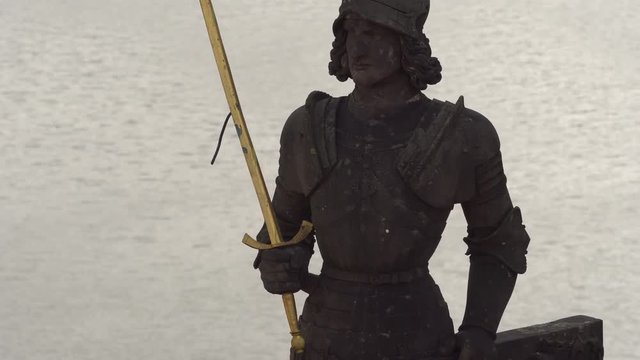 Prague, Czech Republic, September 2018: Statue of the Brunswick Knight (Bruncvik) on the Charles Bridge in Prague