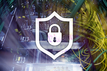 Cyber protection shield icon on server room background. Information Security and virus detection.