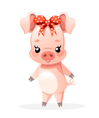 Cute pig. Cartoon character design. Pig girl with a bow. Flat vector illustration isolated on white background