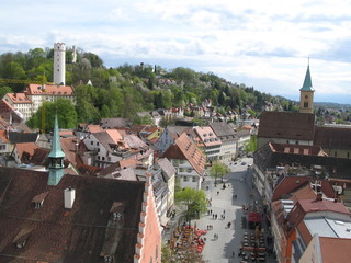 Blick auf Burgberg, Mehlsack und Stadtkirche in Ravensburg