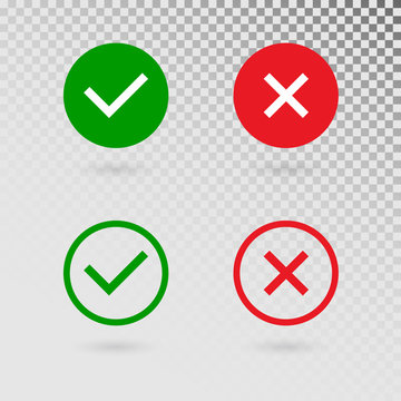 Check marks set on transparent background. Green tick and red cross in circle shapes. YES or NO accept and decline symbol. Vector icons for internet buttons or web page. Vector illustration
