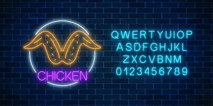 Neon glowing sign of chicken wings in circle frame with alphabet. Fastfood light billboard symbol.