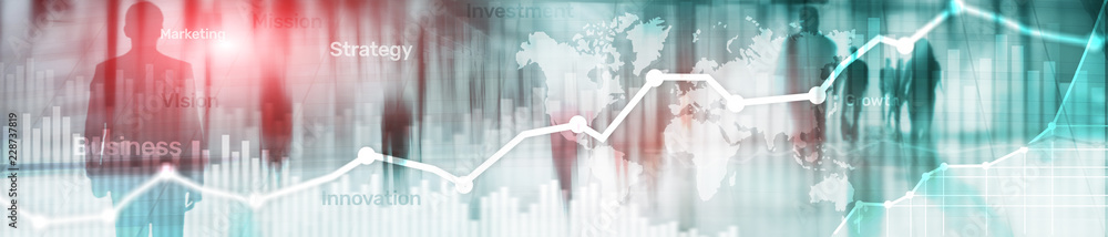 Poster business abstract background double exposure graph, chart and diagram. world wide map and. global bu