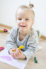 Caucasian Girl Painting Colorful Pencil at Home Early Education Preparing for School Preschool Development Children Game