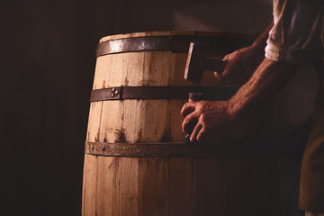 Wooden Barrels in a cooperage, barrel workshop